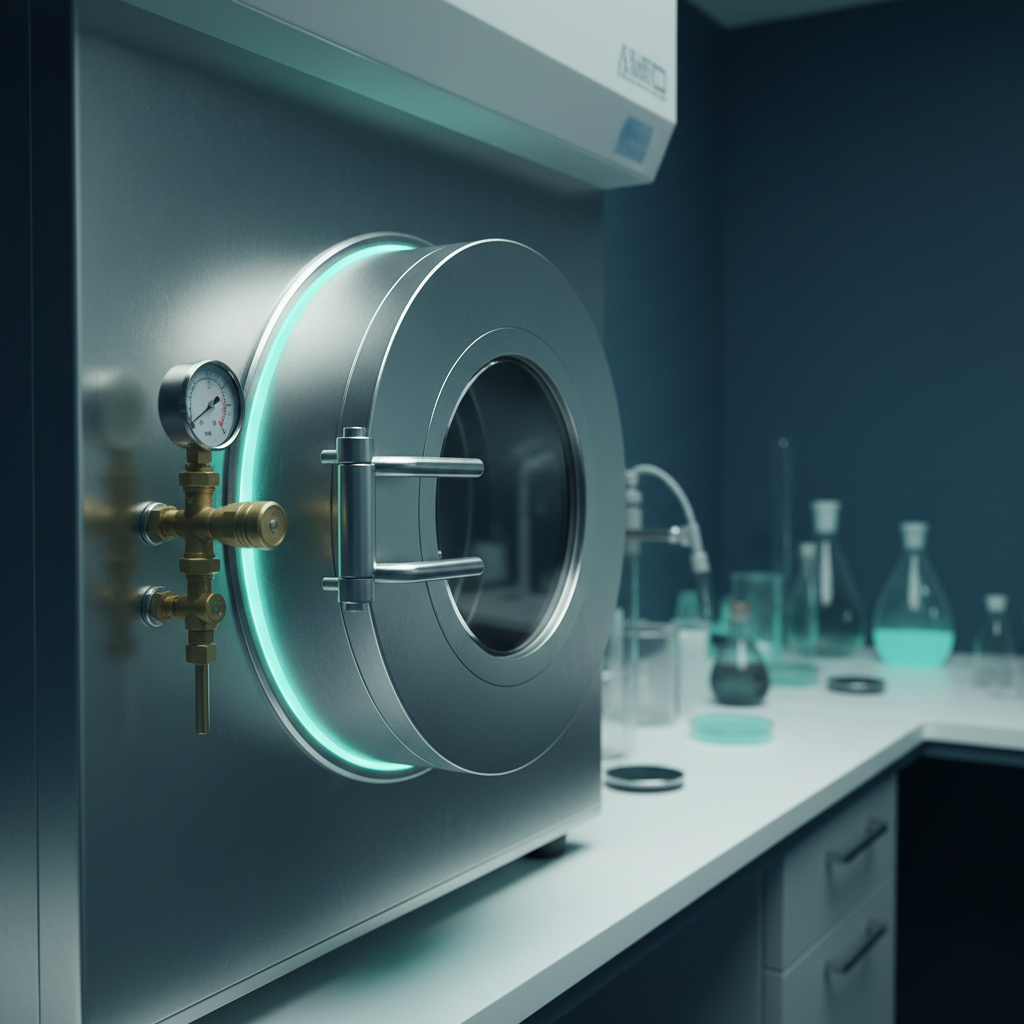 Cylindrical airlock pass box on the side of an anaerobic chamber with a hinged door, viewing window, and vacuum and gas valves with pressure gauges