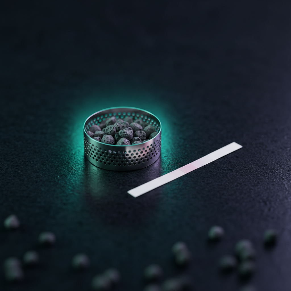 Perforated stainless catalyst tray holding grey palladium pellets beside a paper anaerobic indicator strip on a dark bench