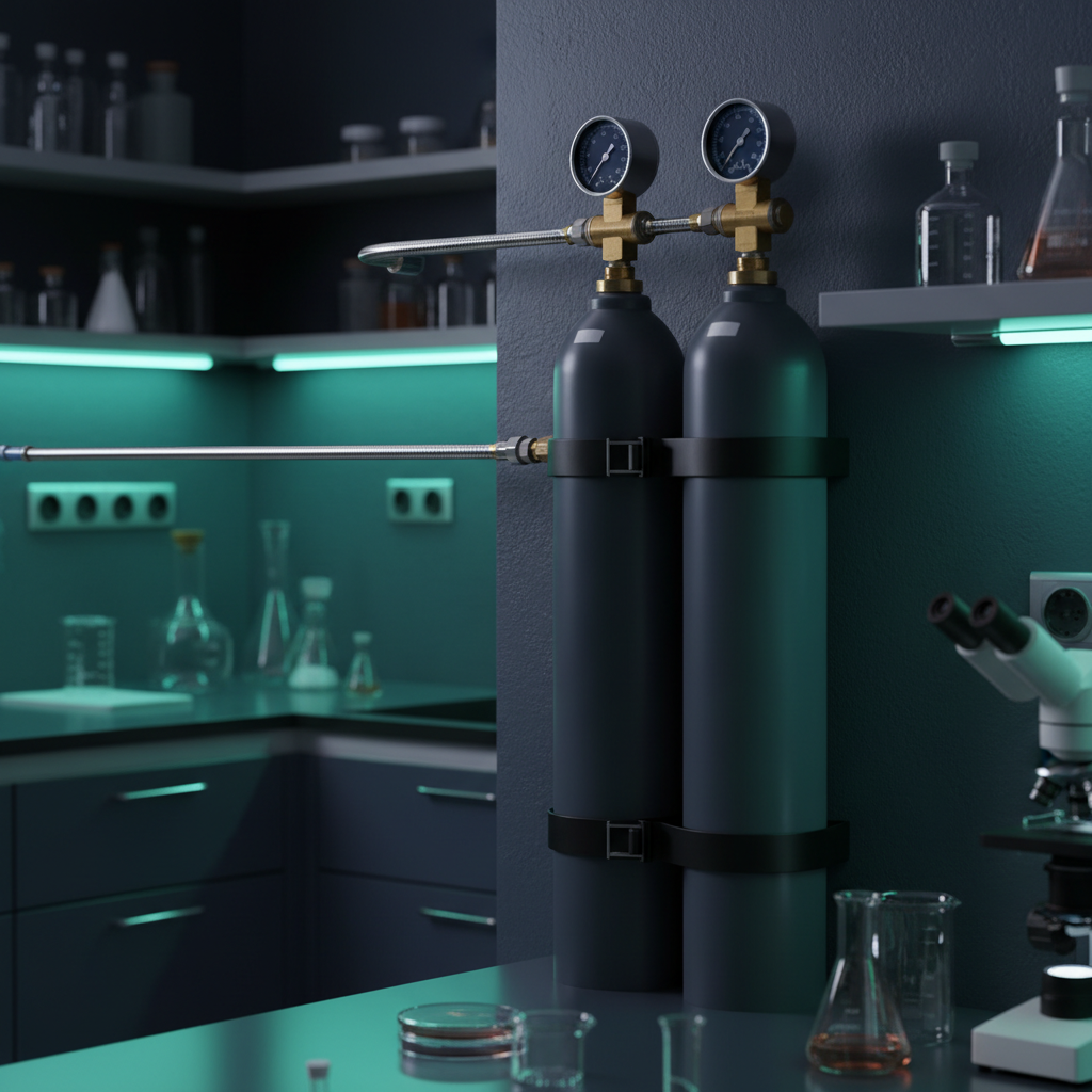 Two compressed gas cylinders strapped upright against a laboratory wall with two-stage regulators, pressure gauges and braided gas lines