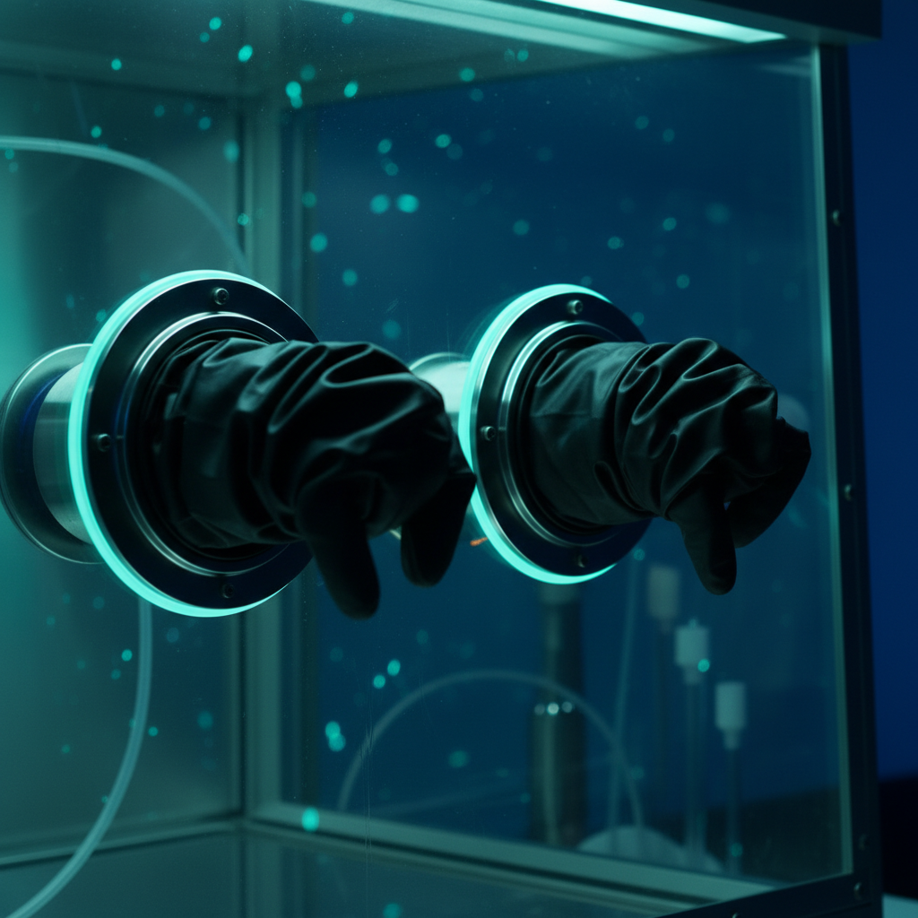 Close detail of two circular glove ports with black gauntlet gloves sealed into cuff rings on the transparent front panel of an anaerobic chamber
