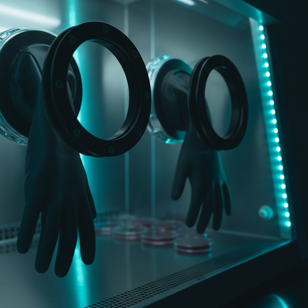 Close detail of two circular glove ports with black gauntlet gloves sealed into cuff rings on the transparent front panel of an anaerobic chamber