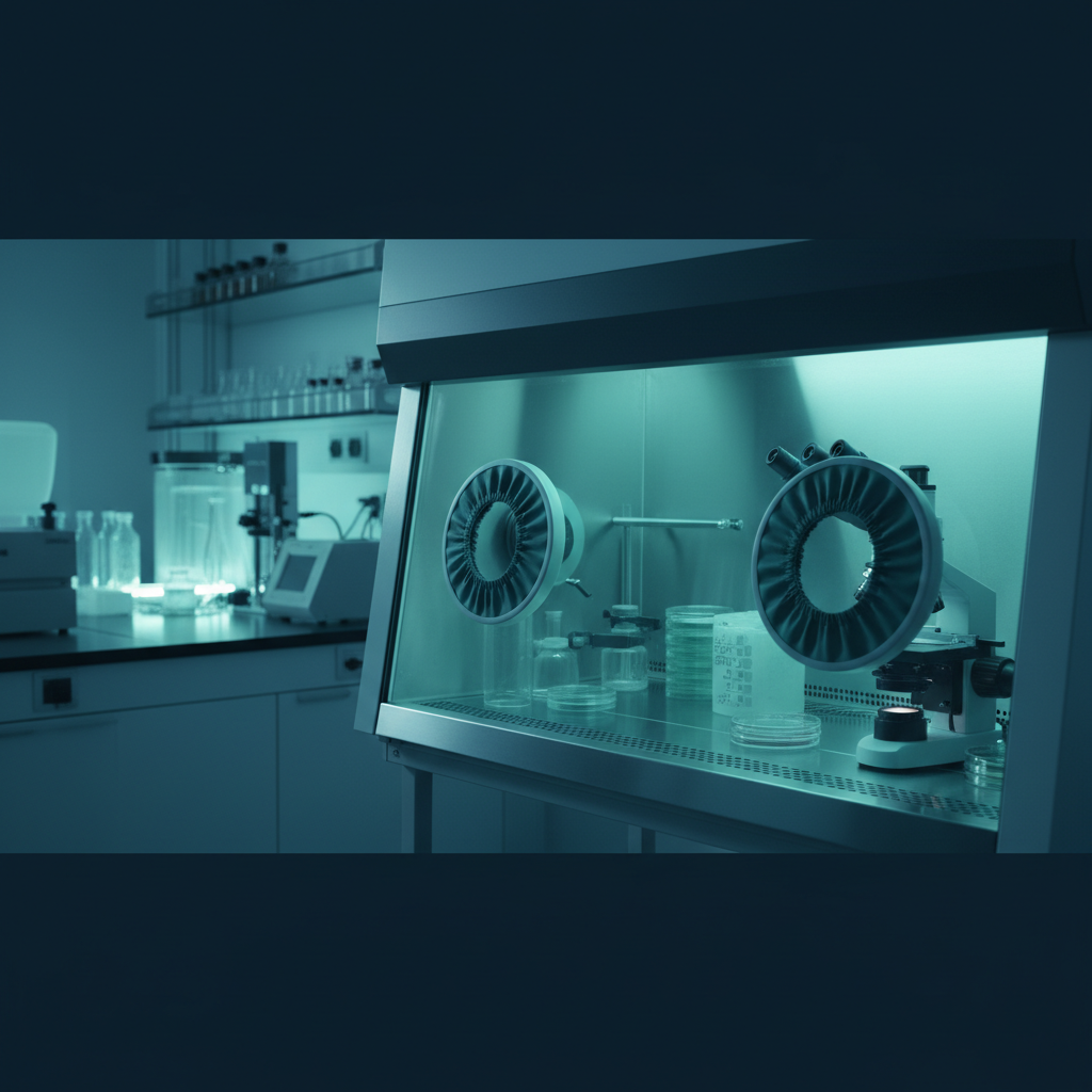 Gloveless anaerobic workstation with circular elasticated sleeve entry ports on a smooth front panel and a teal-lit interior