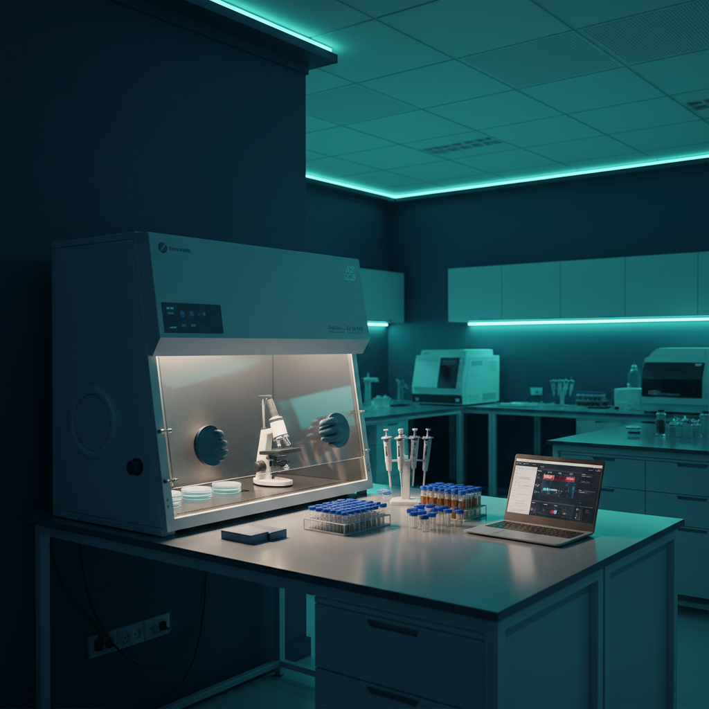 Modern gut microbiome research laboratory with an anaerobic chamber on the bench beside sample vial racks and pipettes