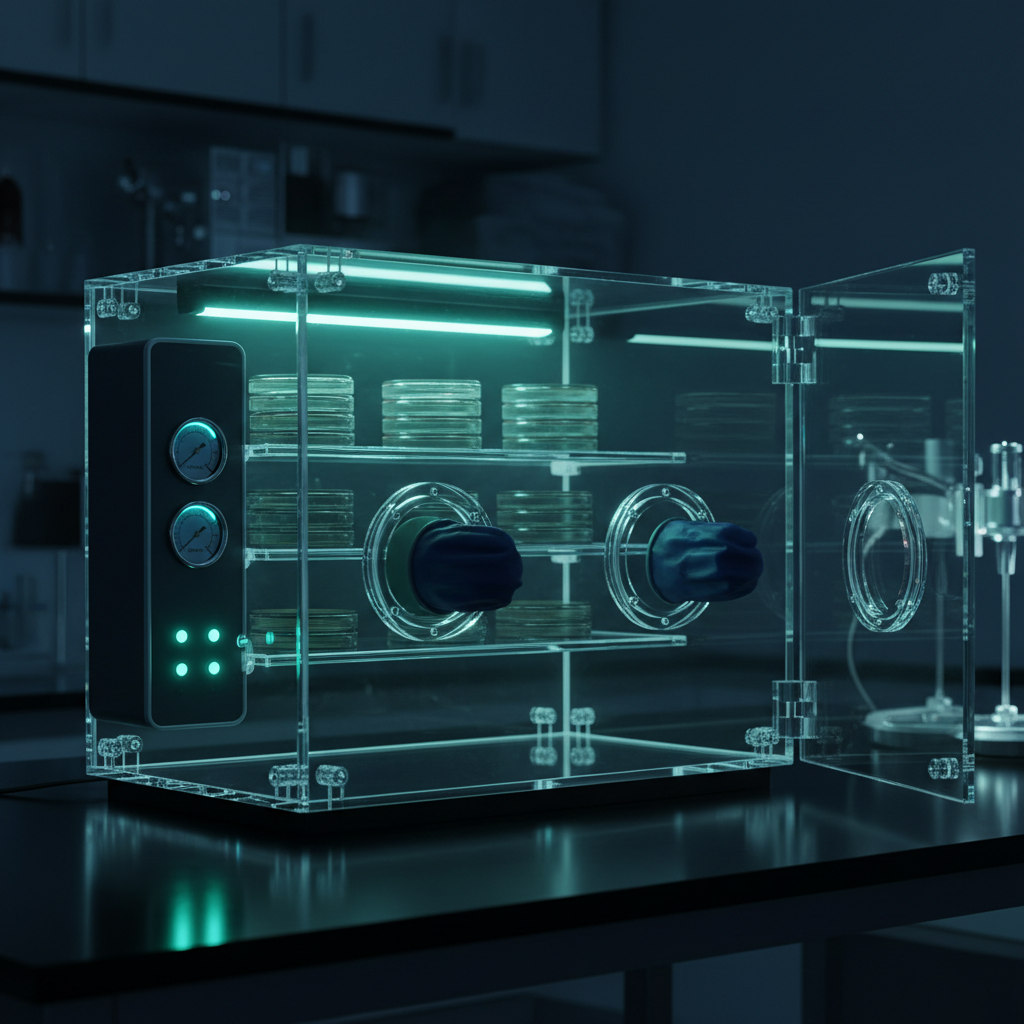 Rigid clear acrylic anaerobic glove box chamber with hinged front panel, glove ports and stacked petri dishes on internal shelving